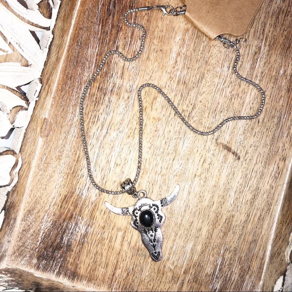 Bull Skull Pendant Black Stone Ebony Silver Western Steer Cowboy Boho